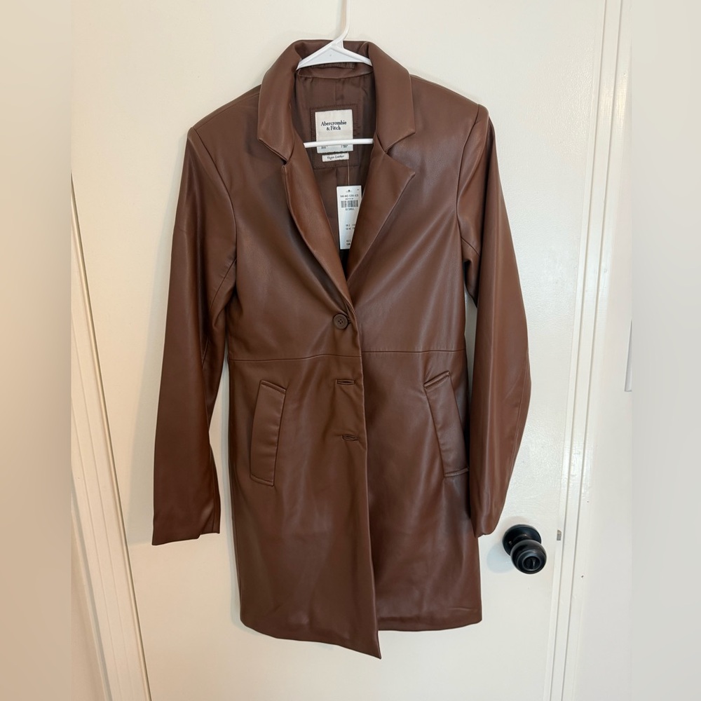 Abercrombie & Fitch Faux Leather Long-Length Coat Brown NWT XXS